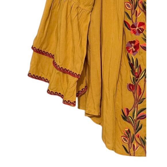Solitaire Mustard Yellow Peasant Blouse Bell Sleeve Floral Embroidered Top M - Picture 5 of 6